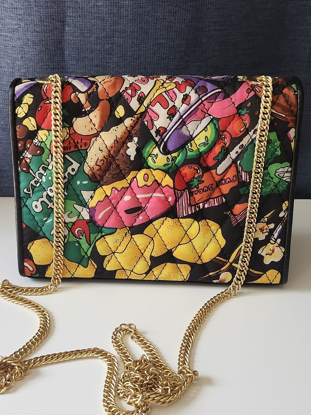 Rare Vintage Nicole Miller 1990s Junk Food Print Quilted Chain Bag Pop Art Purse